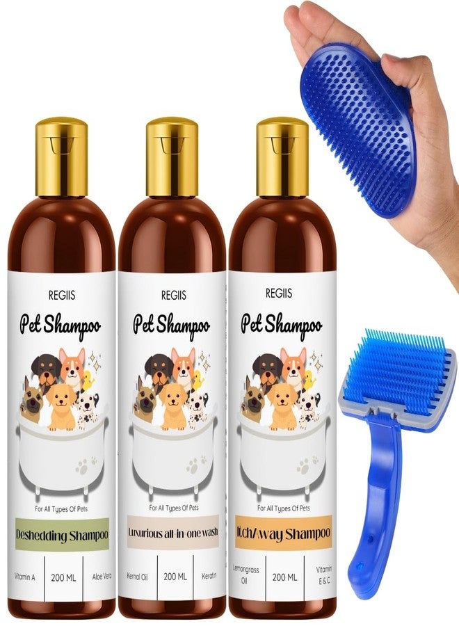 REGIIS Pet Shampoo Set with Blue Grooming Brush, 3 Pack Dog Shampoo for All Types of Pets, Deshedding, Luxurious All-in-One Wash, Itch Relief, 200 ML Bottles(5 Pack) - Image 1